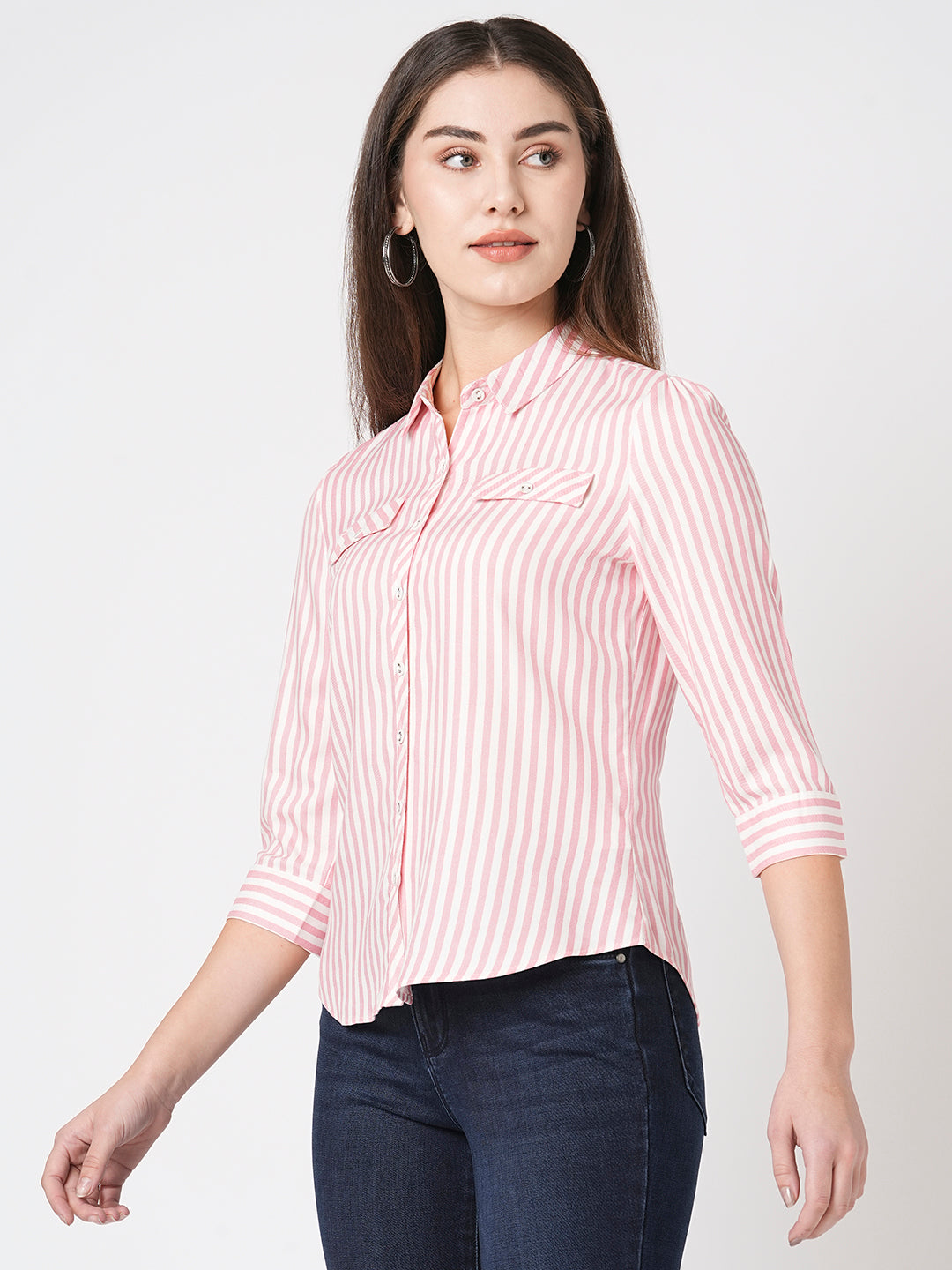 Women Blush Pink-White Slim Shirt