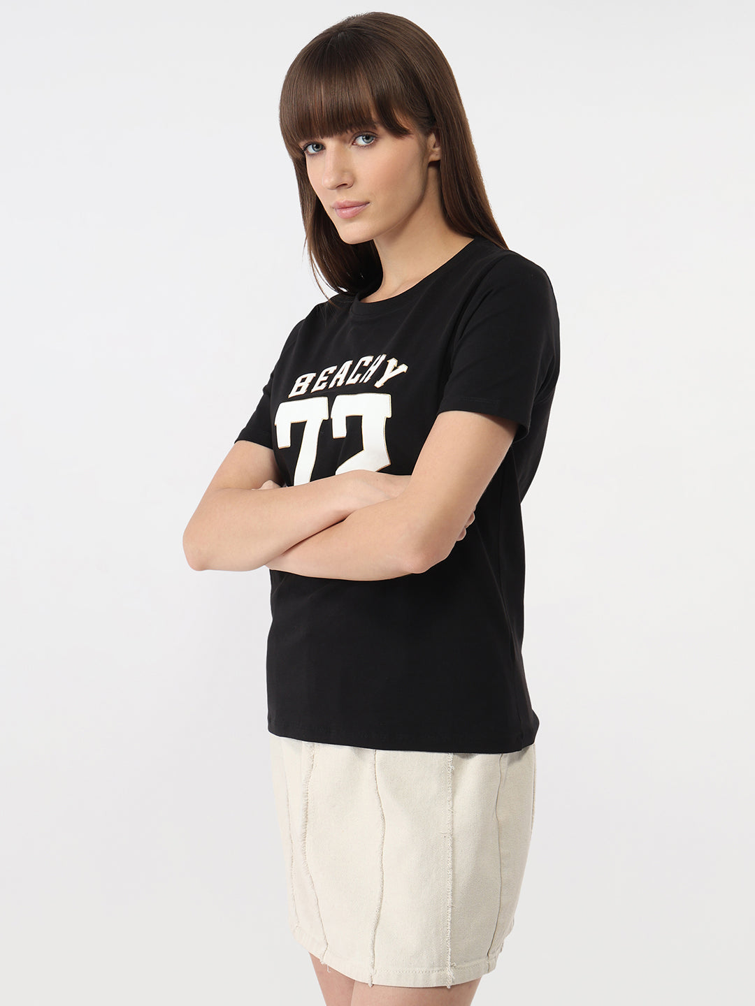 Women Black Graphic Slim T-Shirt