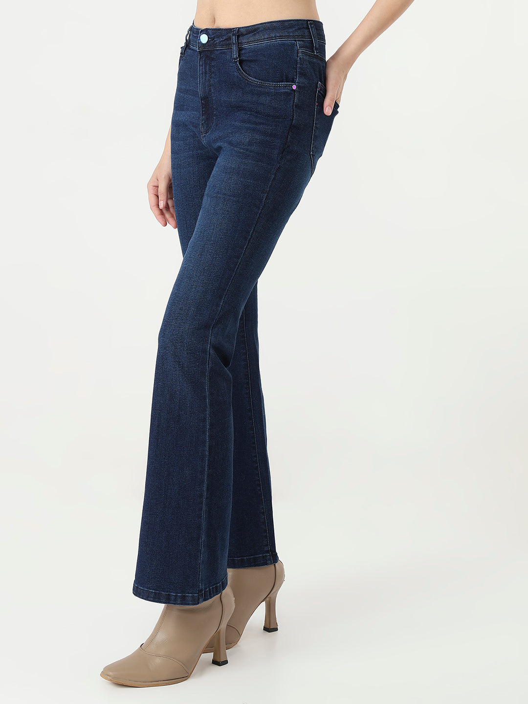Women Dark Blue Mini Flare Jeans