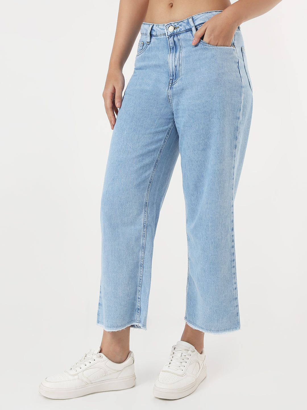 Women Medium Blue Crop Wide Leg Jeans
