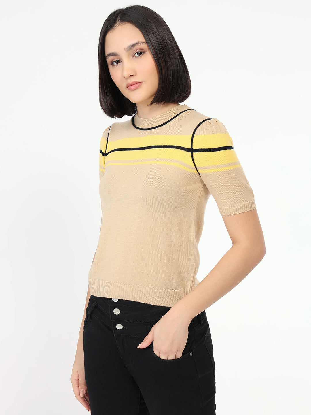 Women Beige Slim Fit Flat Knit Top