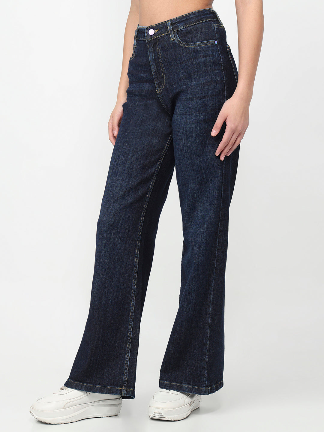 Women Dark Blue High-Rise Wide Leg Jeans