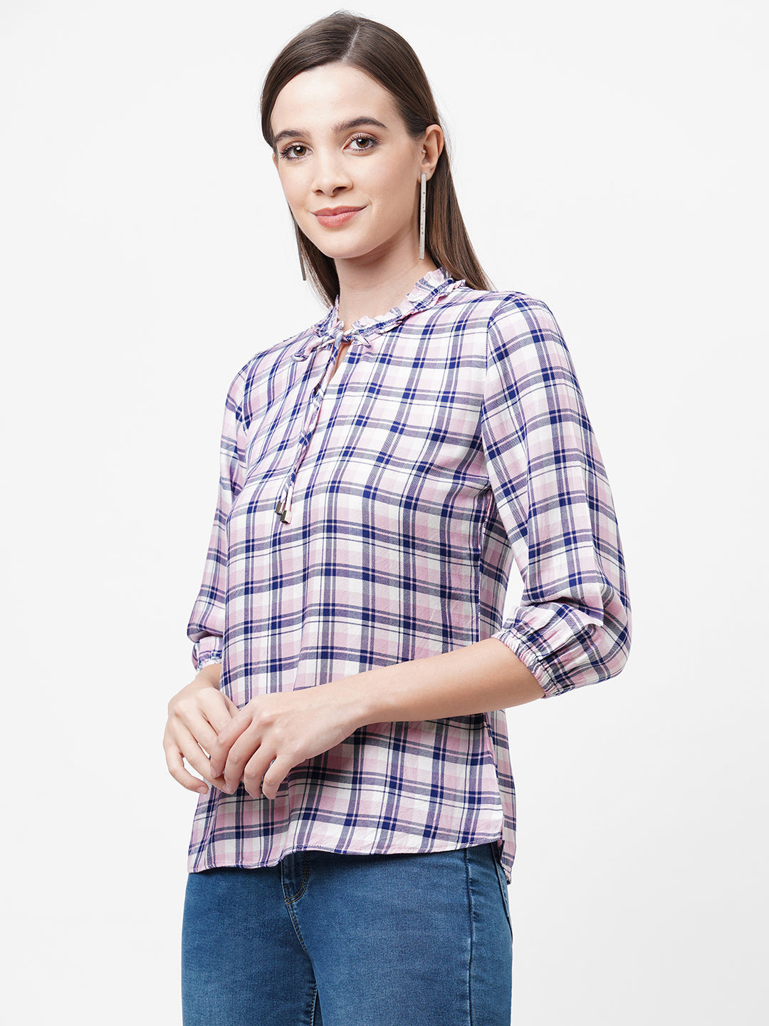 Women Checked Slim Fit With Neckline Tie-Up Top