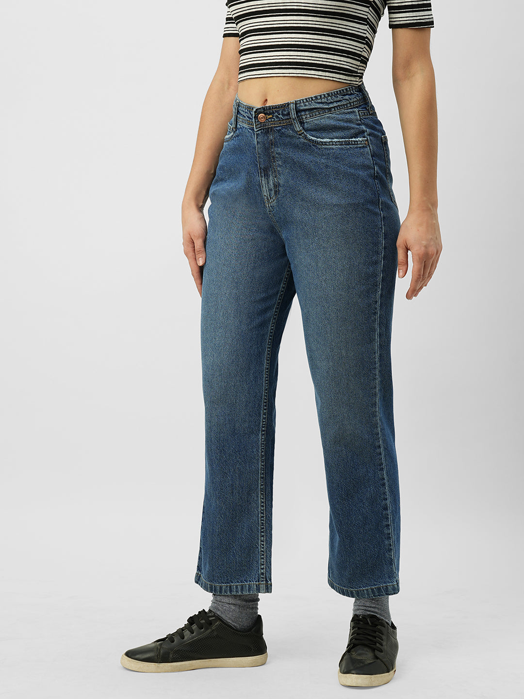 Women Dark Blue High-Rise Loose Straight Jeans