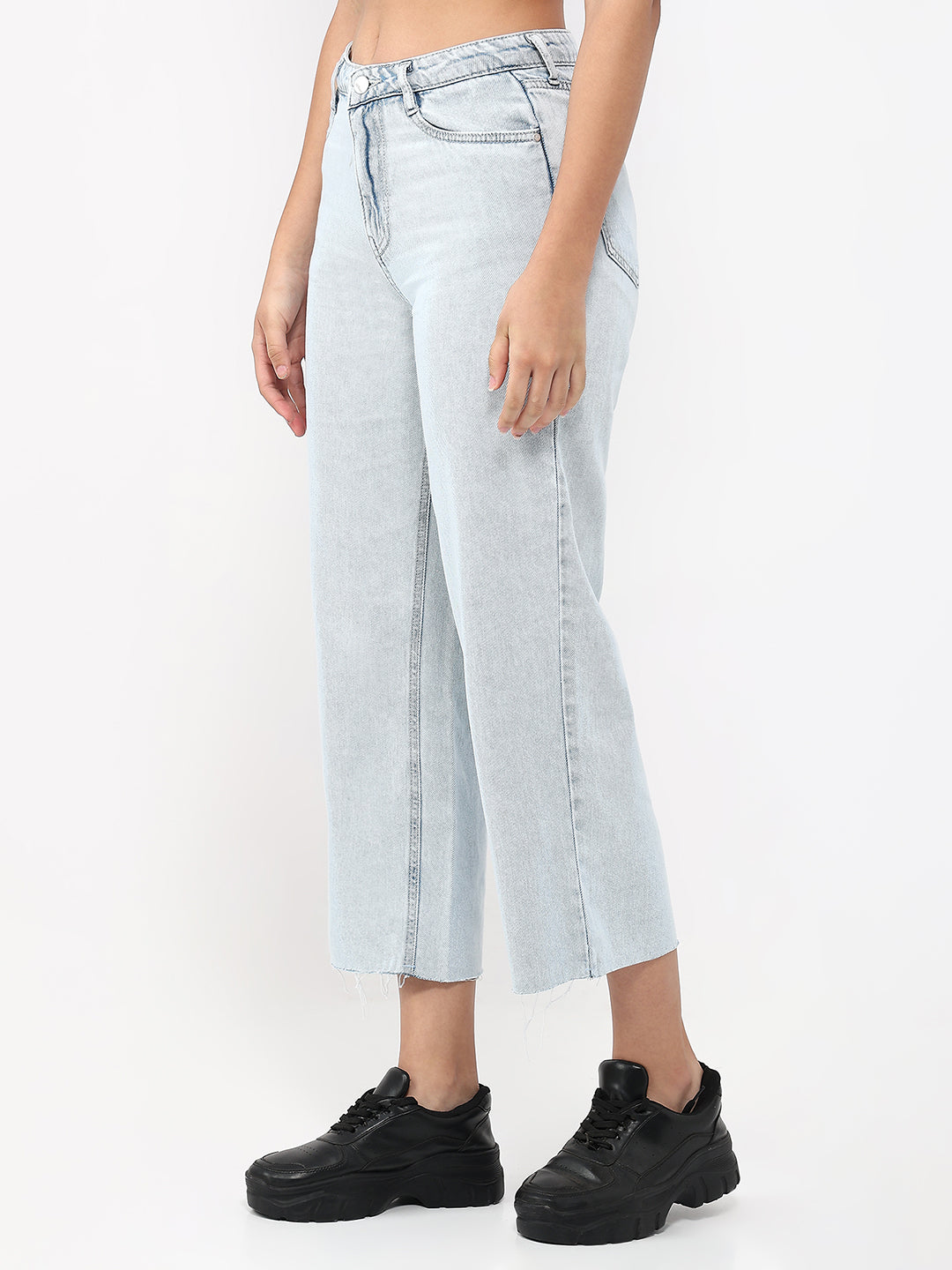 Women Light Blue Crop Wide Leg Jeans