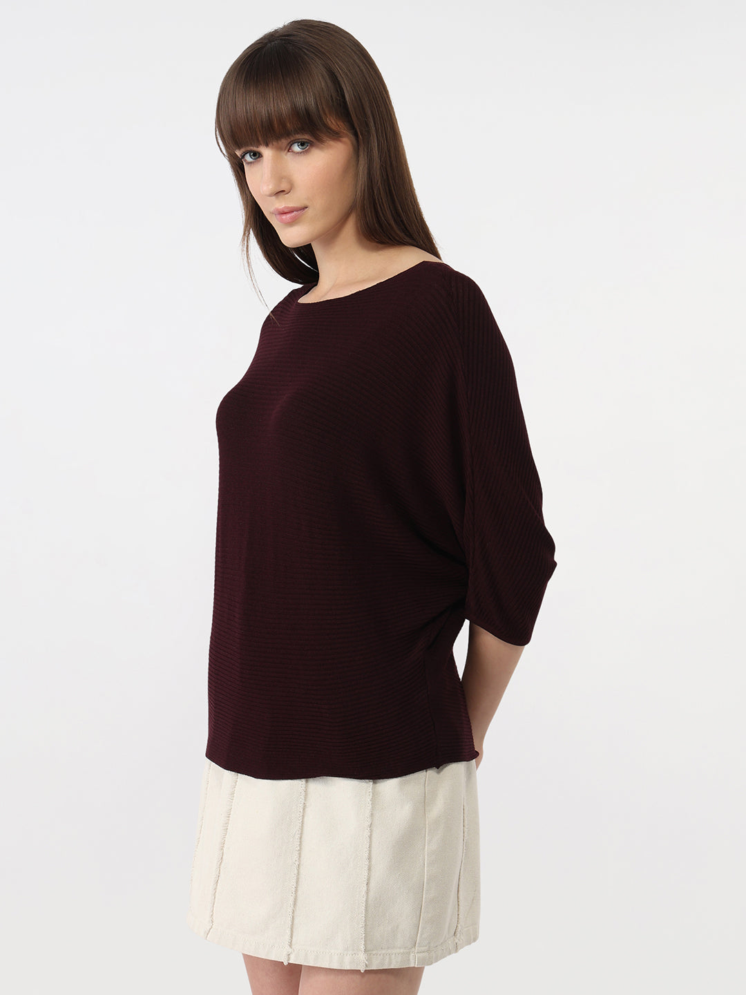 Women Wine Slim Batsleeve Top