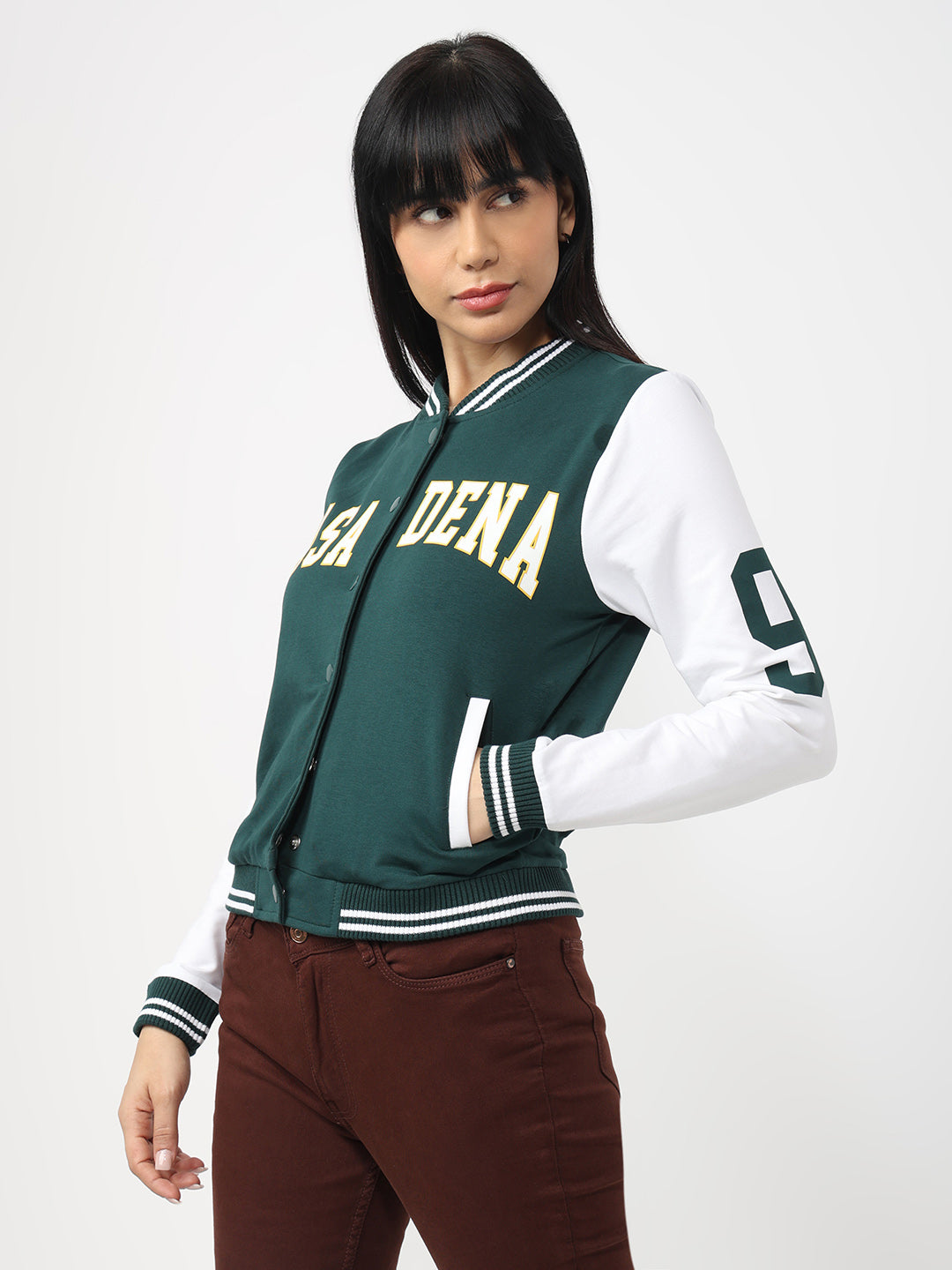 Women Bottle Green/White Varsity Jacket