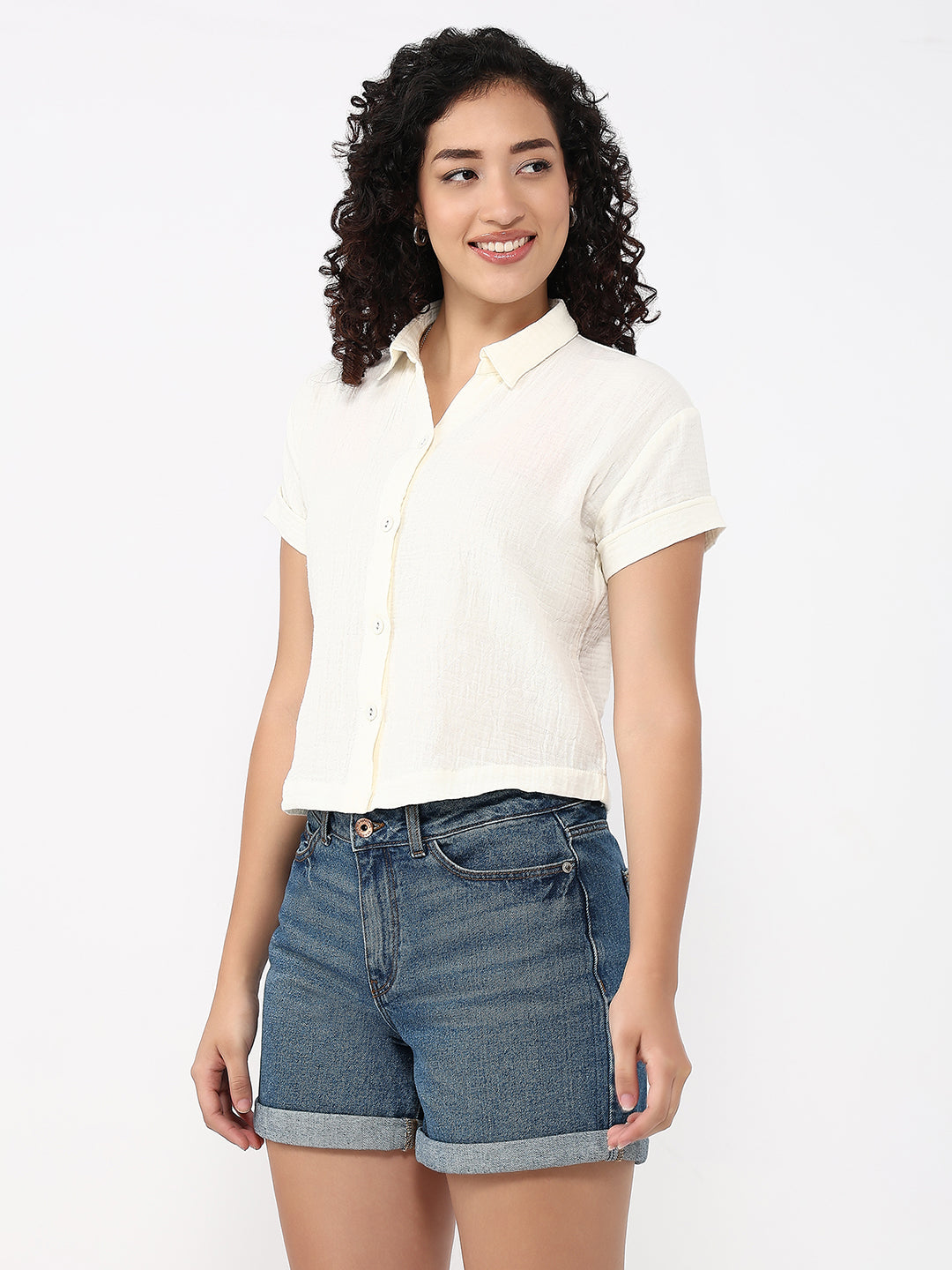 Women Ivory Slim Crop Shirt