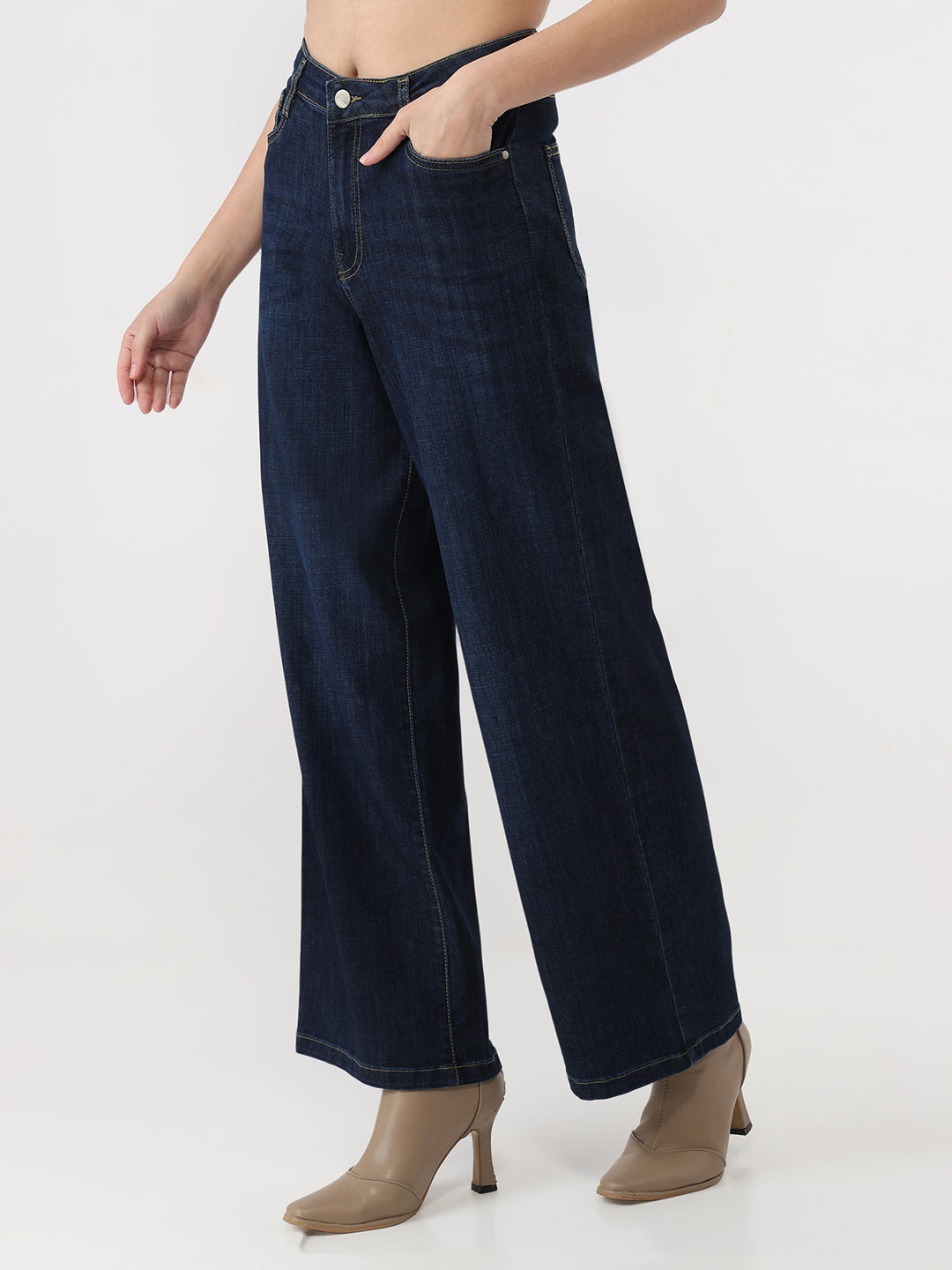 Women Dark Blue High-Rise Wide Leg Jeans