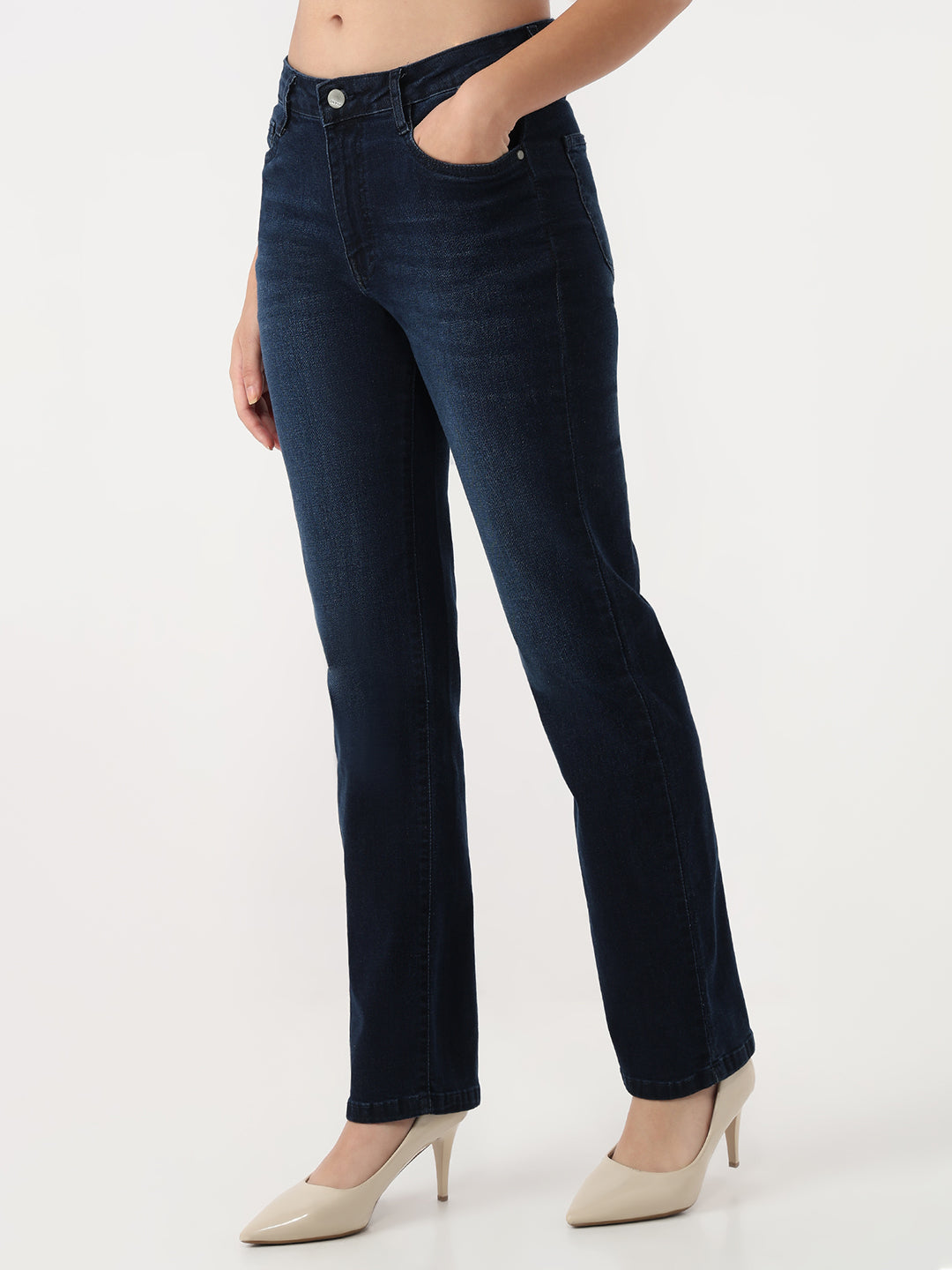 Women Dark Blue High-Rise Slim Straight Jeans