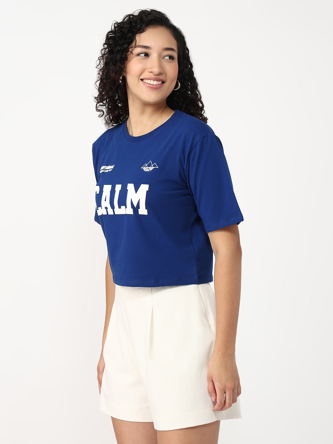 Women Indigo Slim Fit Graphic Crop T-Shirt