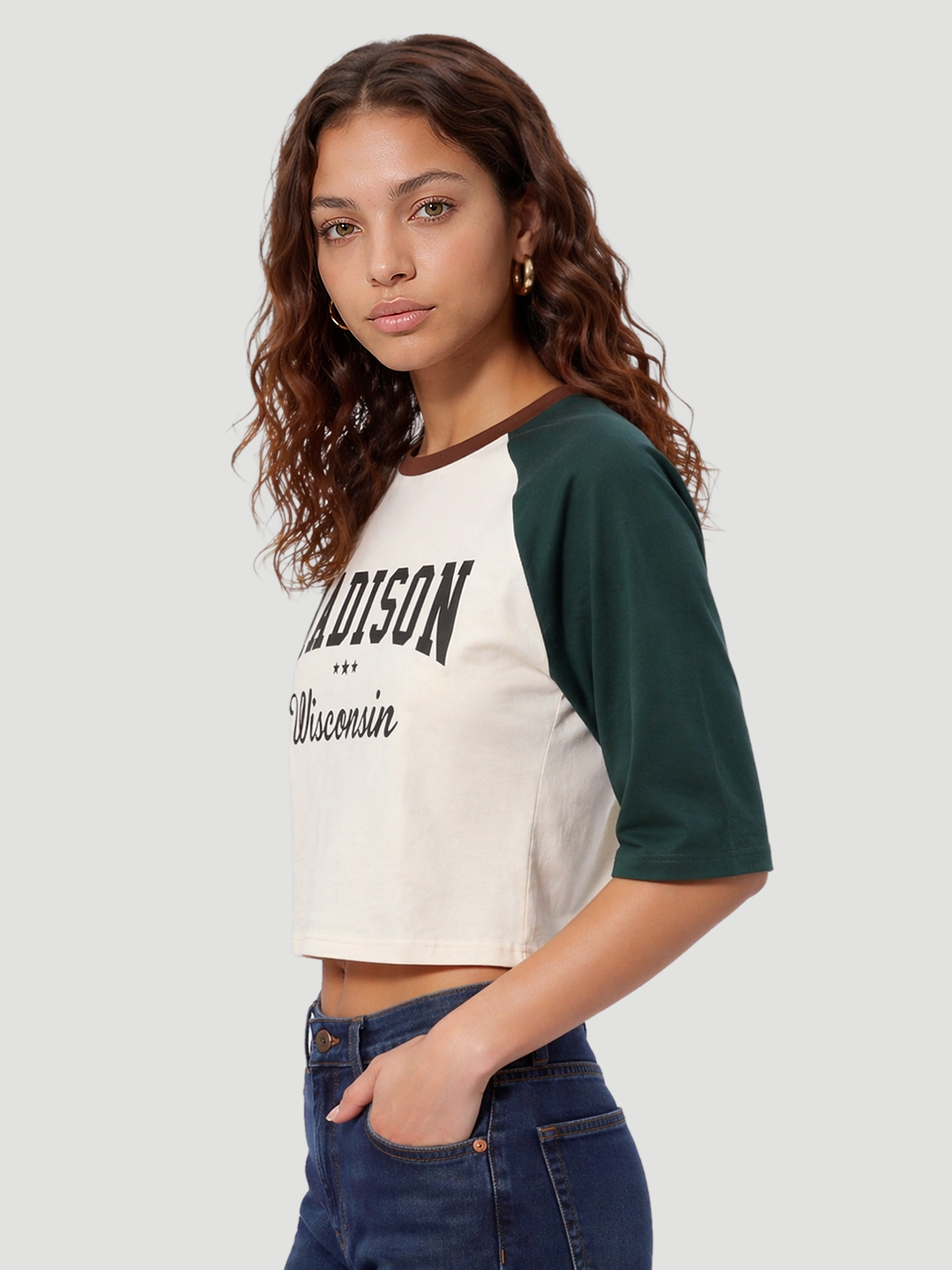 Women Ivory/Green Graphic Crop Tees