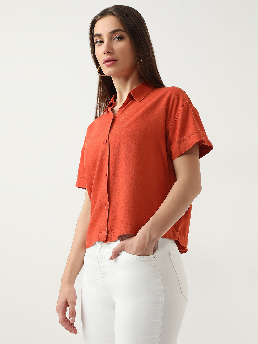 Women Maple Orange Crop Shirt