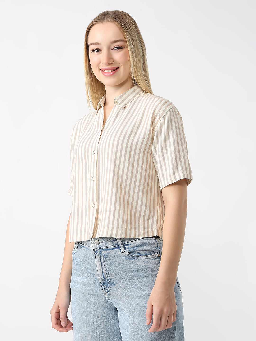 Women Beige/Ivory Crop Stripe Shirt
