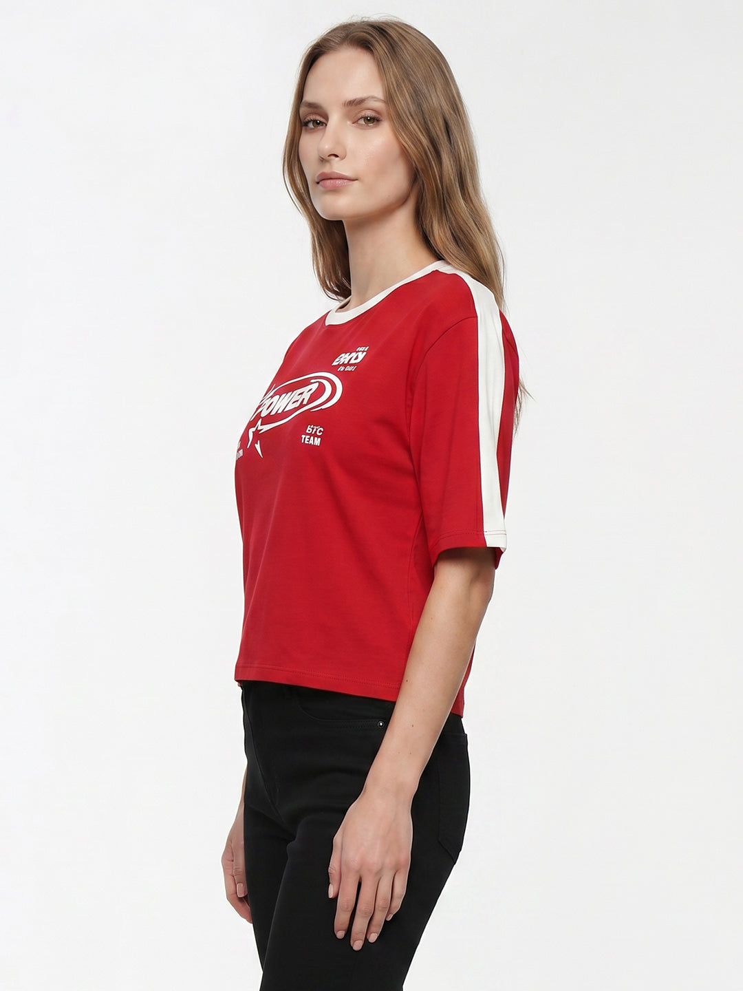 Women Red Graphic Crop Genz Tees