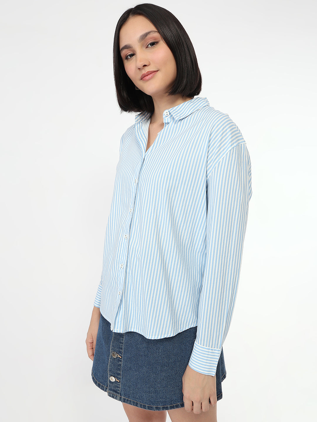 Women Sky/White Slim Fit Stripe Shirt