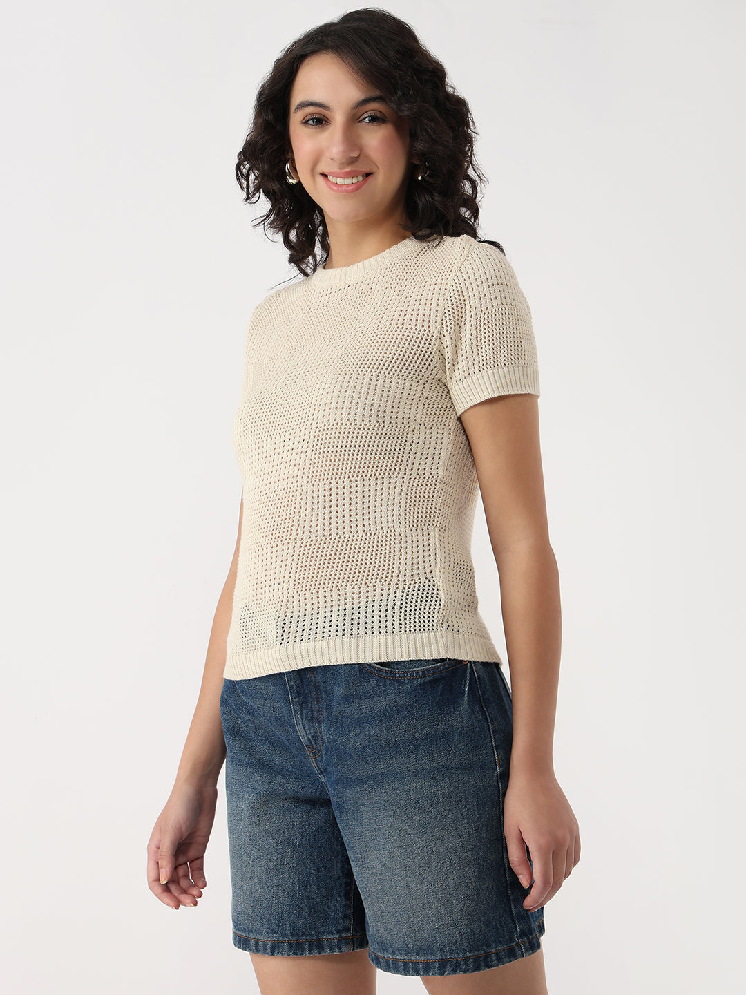 Women Ivory Slim Flat Knit Top