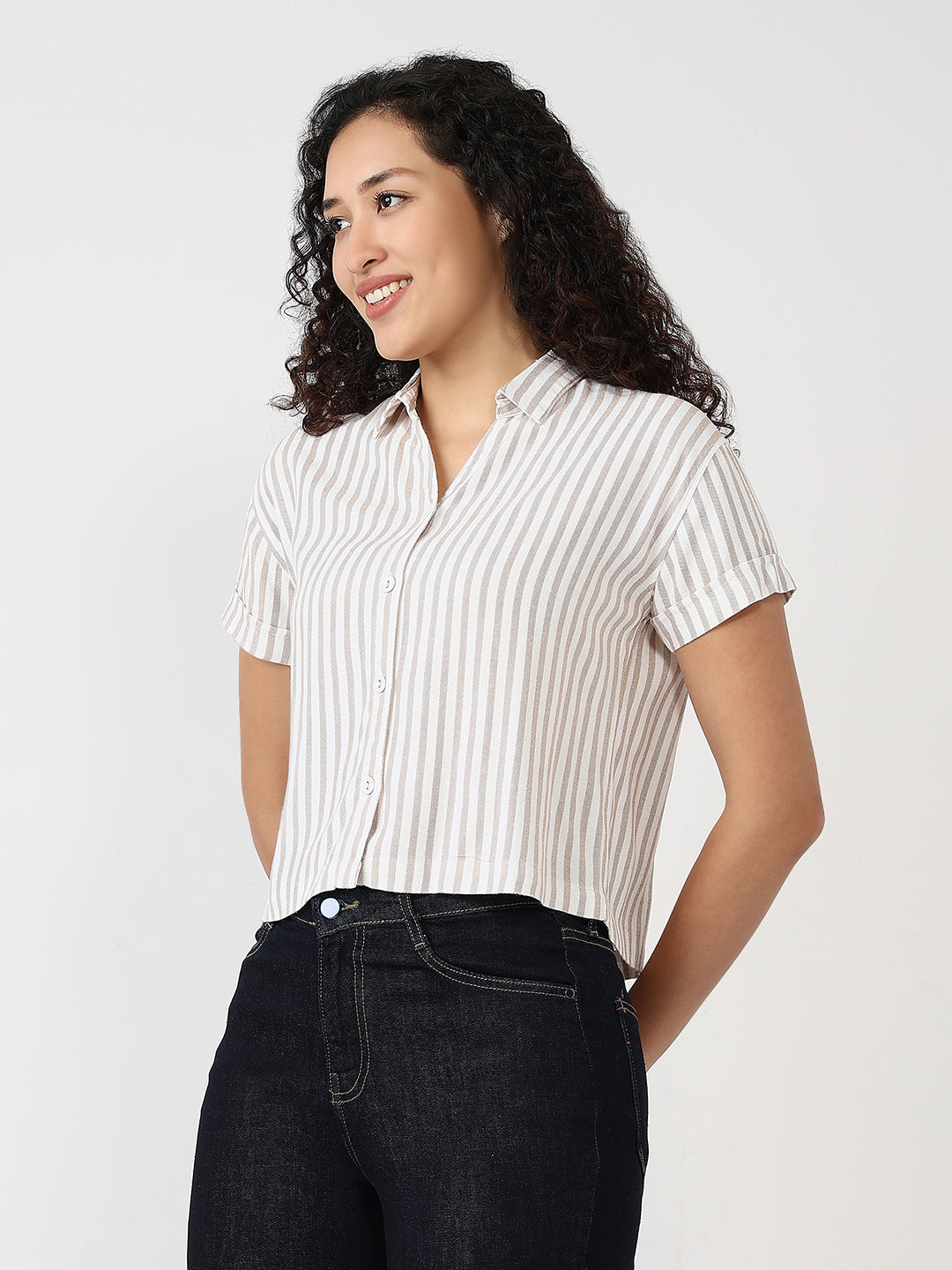 Women Beige/White Slim Crop Shirt