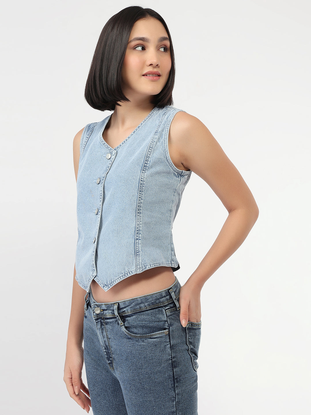 Women Light Blue Slim Fit Denim Vest