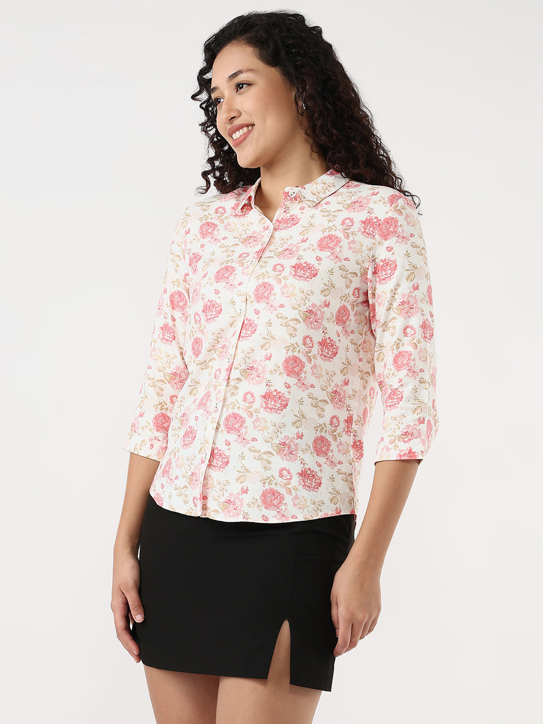 Women Pink Floral Slim Shirt