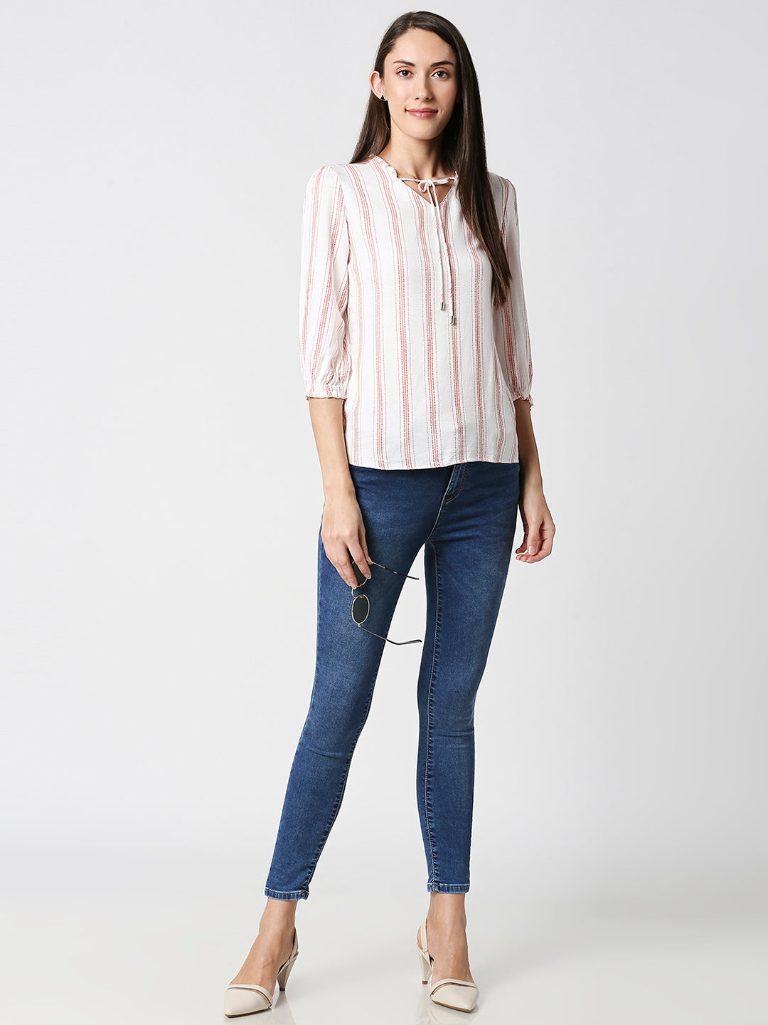 Women Red & White Slim Top