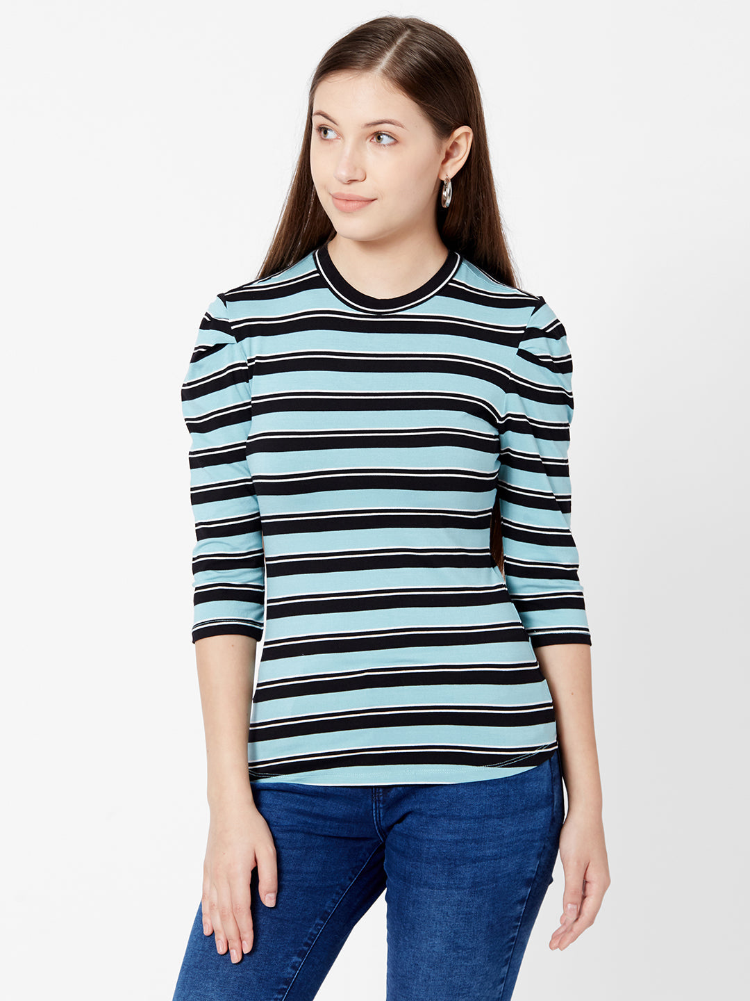 Women Aqua Black Stripe T-Shirt