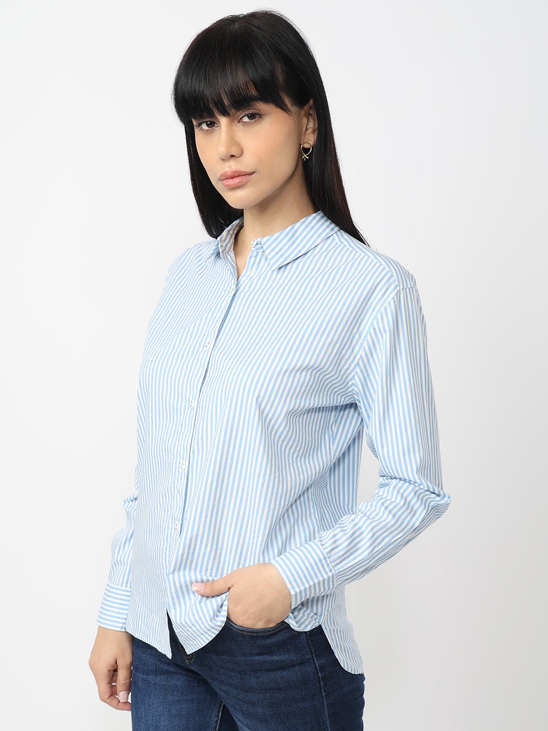 Women Sky/White Slim Fit Oversized Shirt