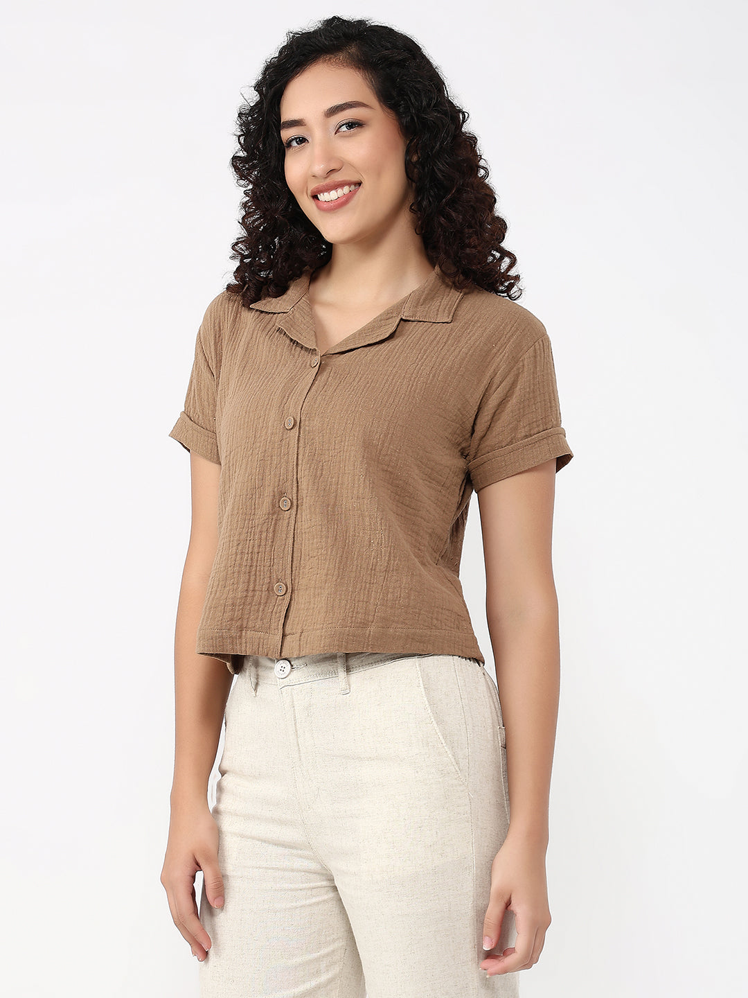 Women Brown Slim Crop Shirt
