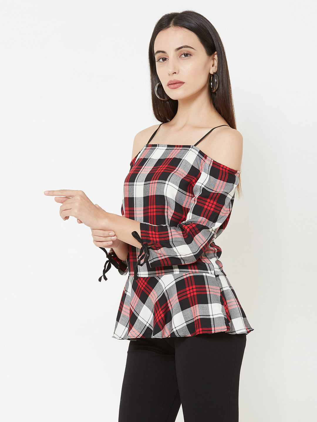 Women Checked Cold-Shoulder Peplum Top