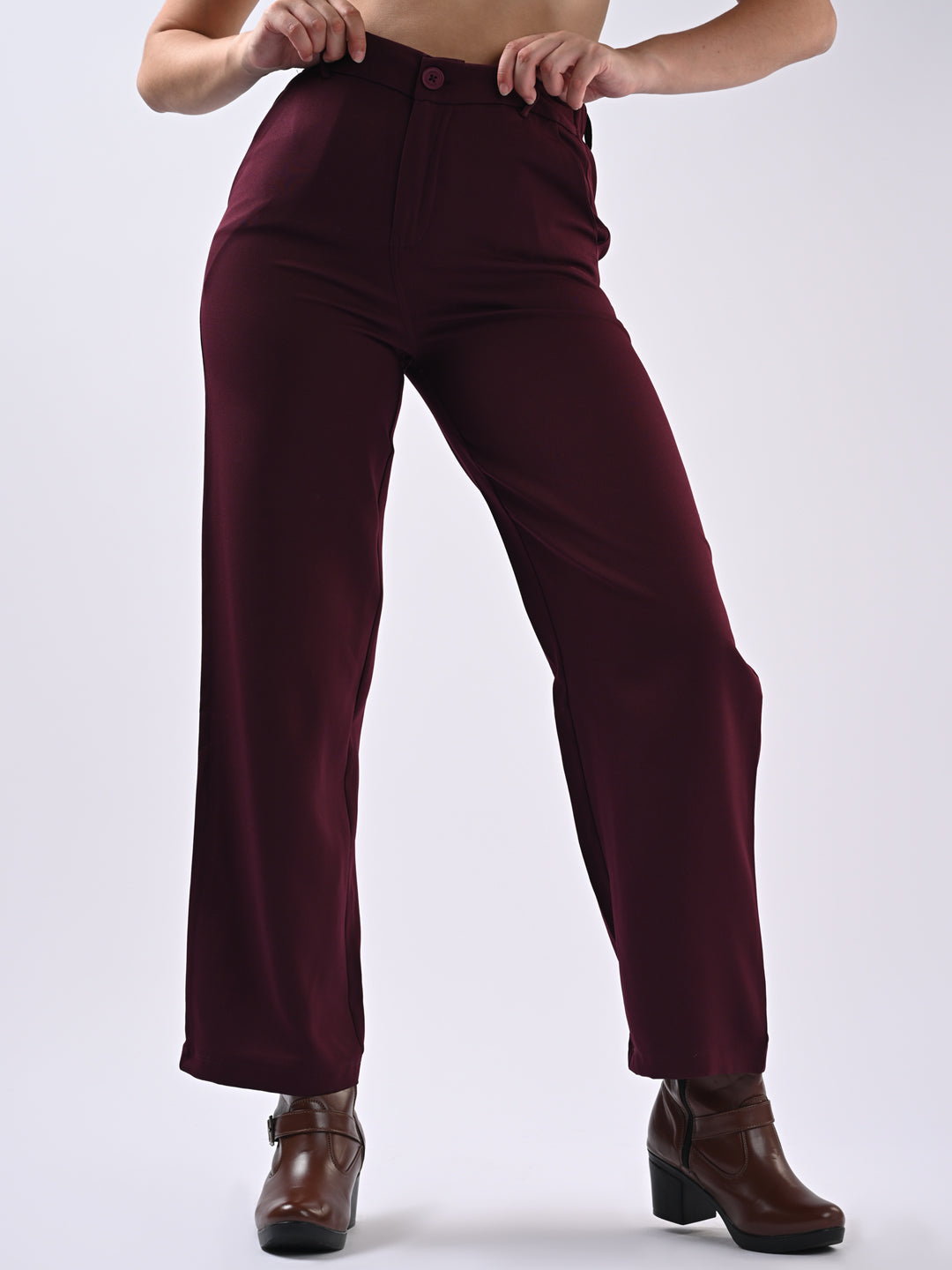 Women Wine Mid-Rise Wide Leg Trousers