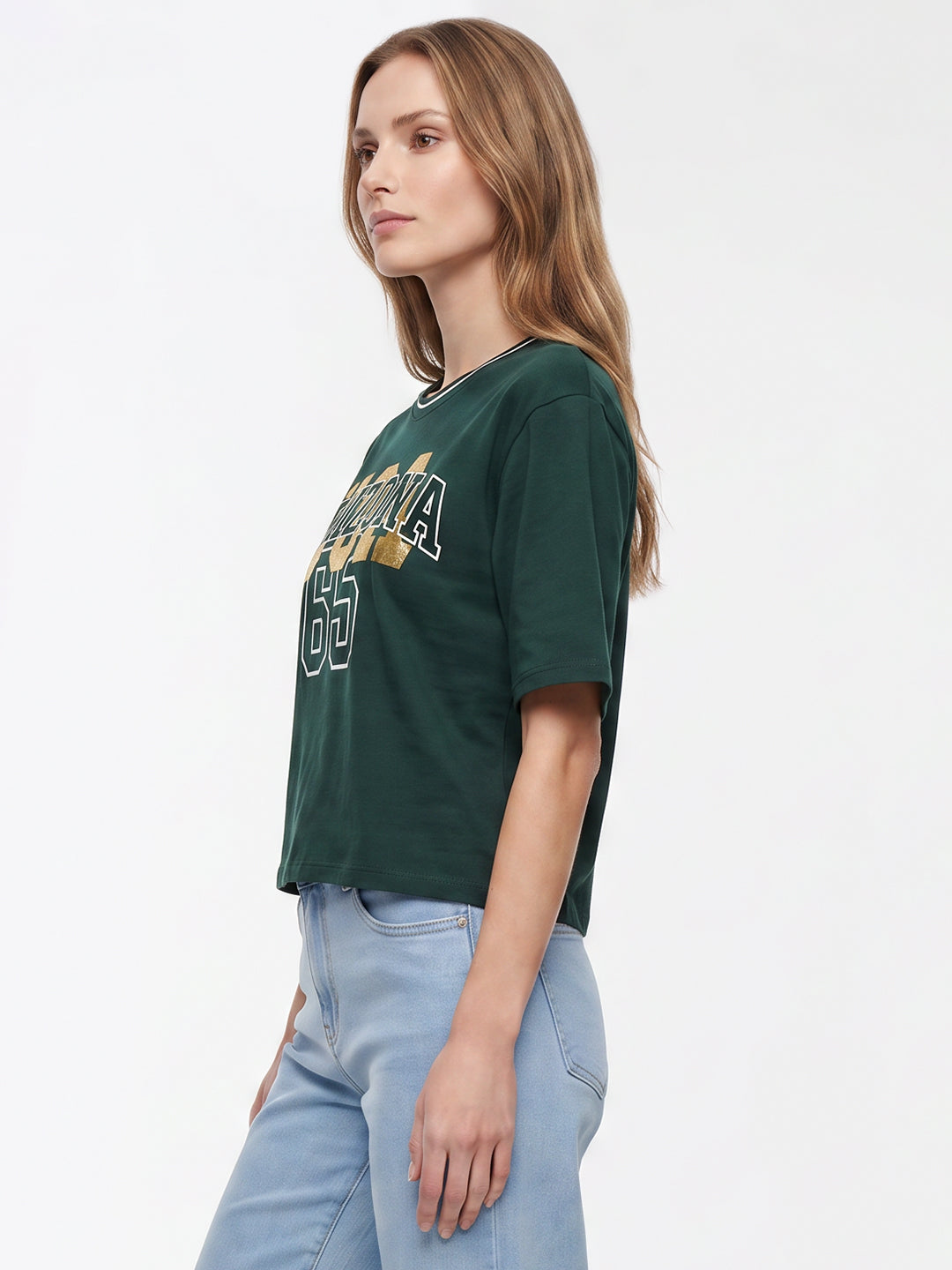 Women Bottle Green Graphic Crop Tees