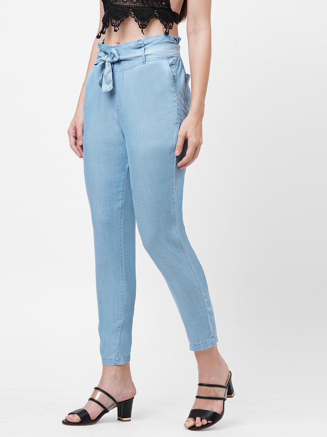 Women Light Blue Paper Bag Pants