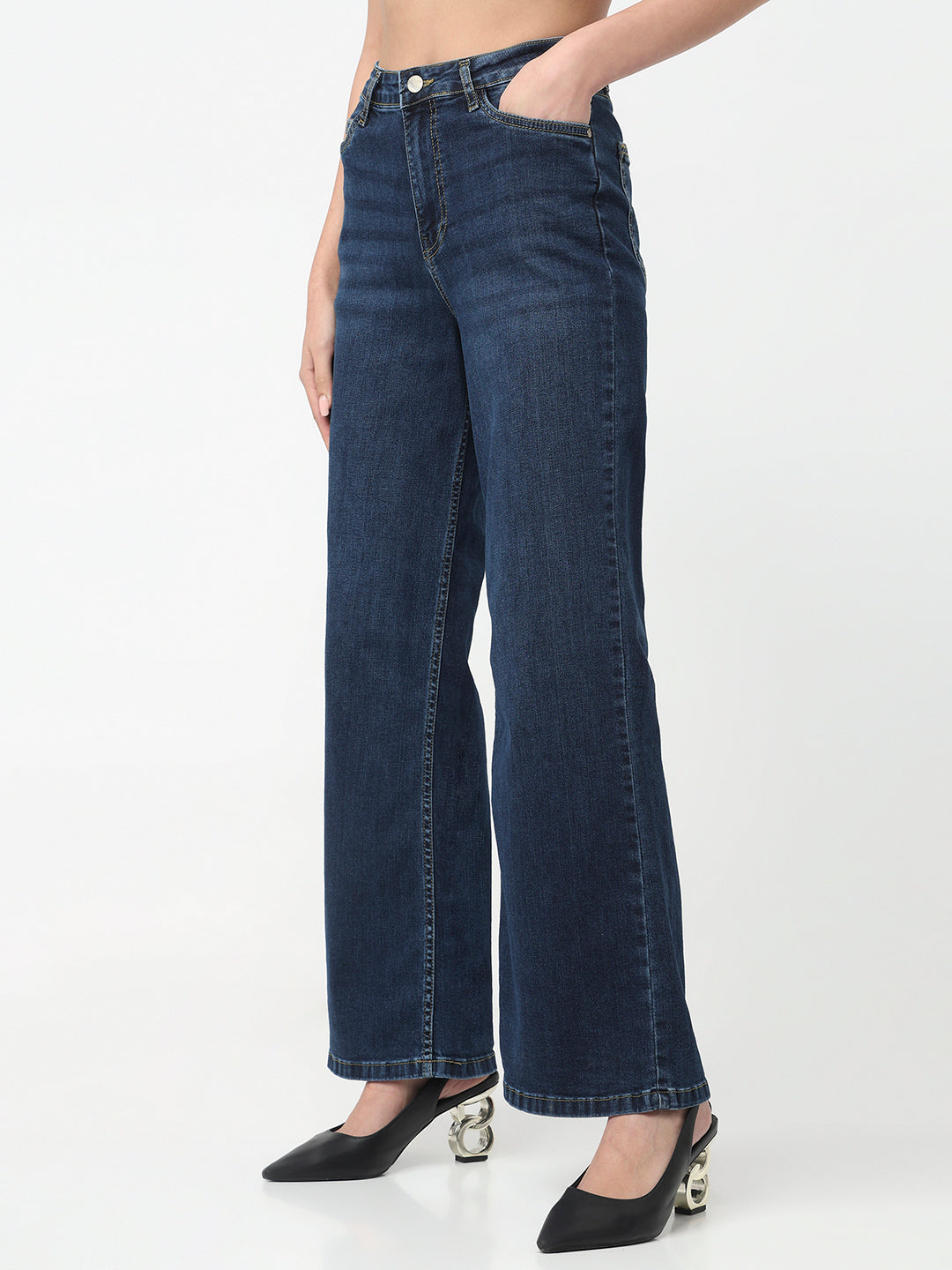 Women Dark Blue High-Rise Super Wide Leg Jeans