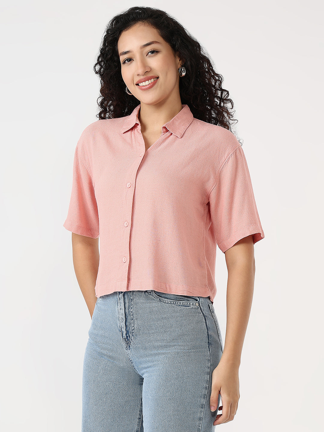 Women Blush Pink Slim Crop Shirt
