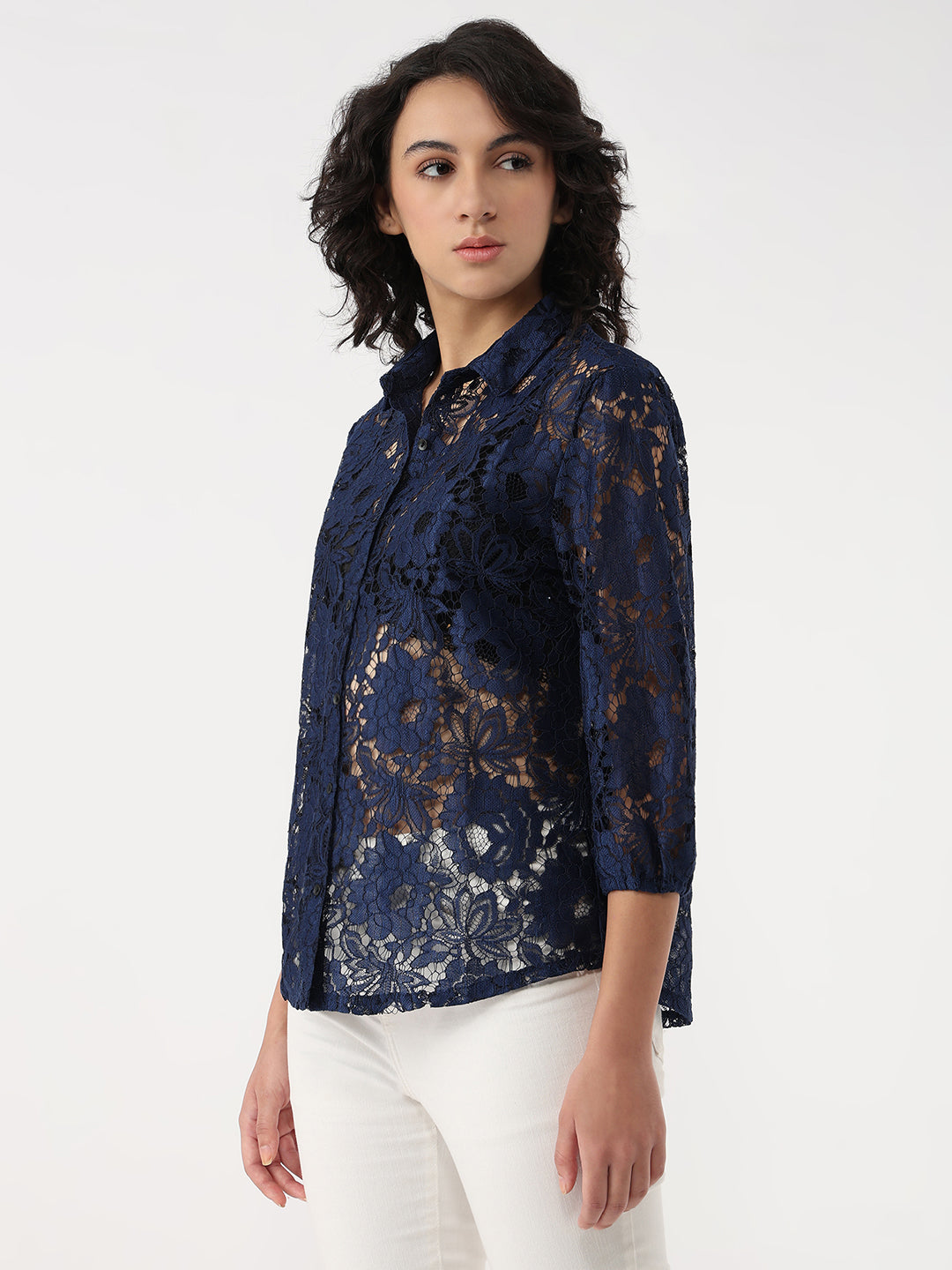 Women Navy Slim Lace Shirt