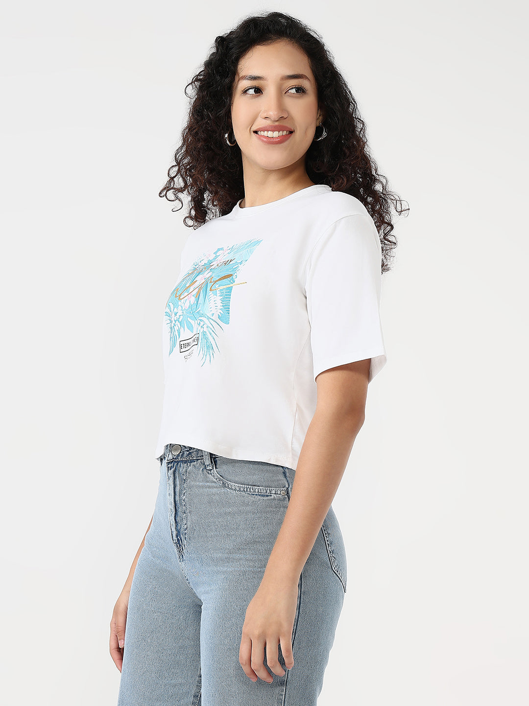 Women White Slim Graphic Crop T-Shirt