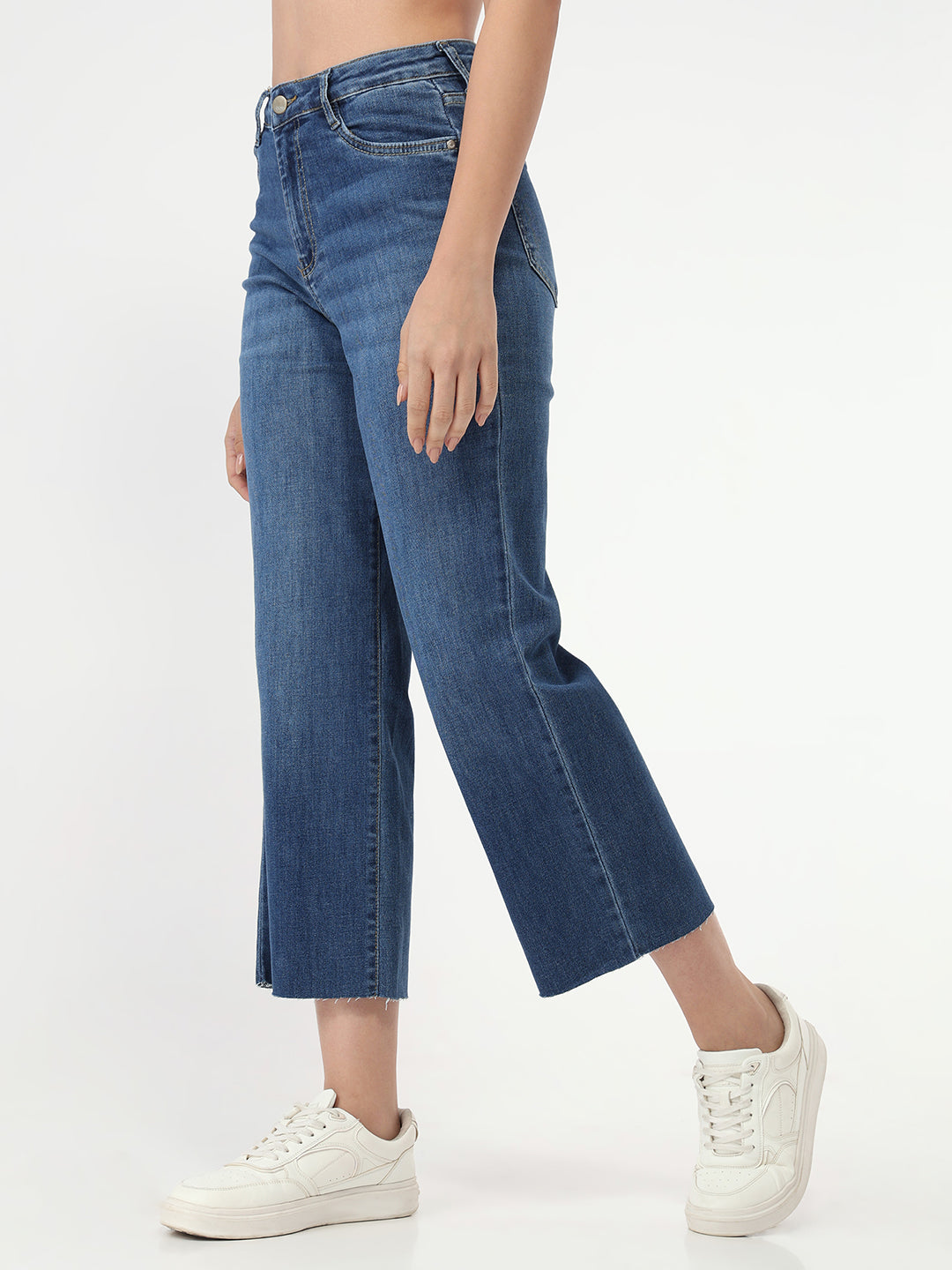 Women Blue High-Rise Crop Wide Leg Jeans