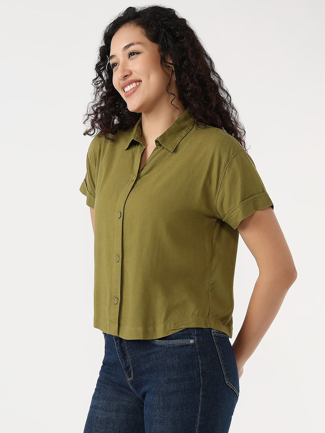 Women Avocado Slim Crop Shirt