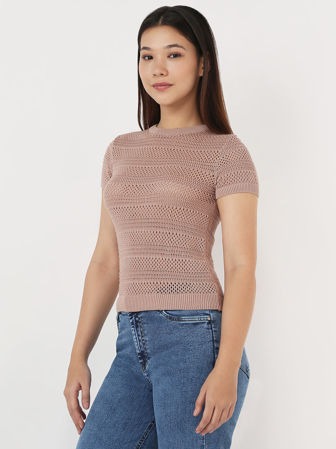 Women Beige Slim Flat Knit Top