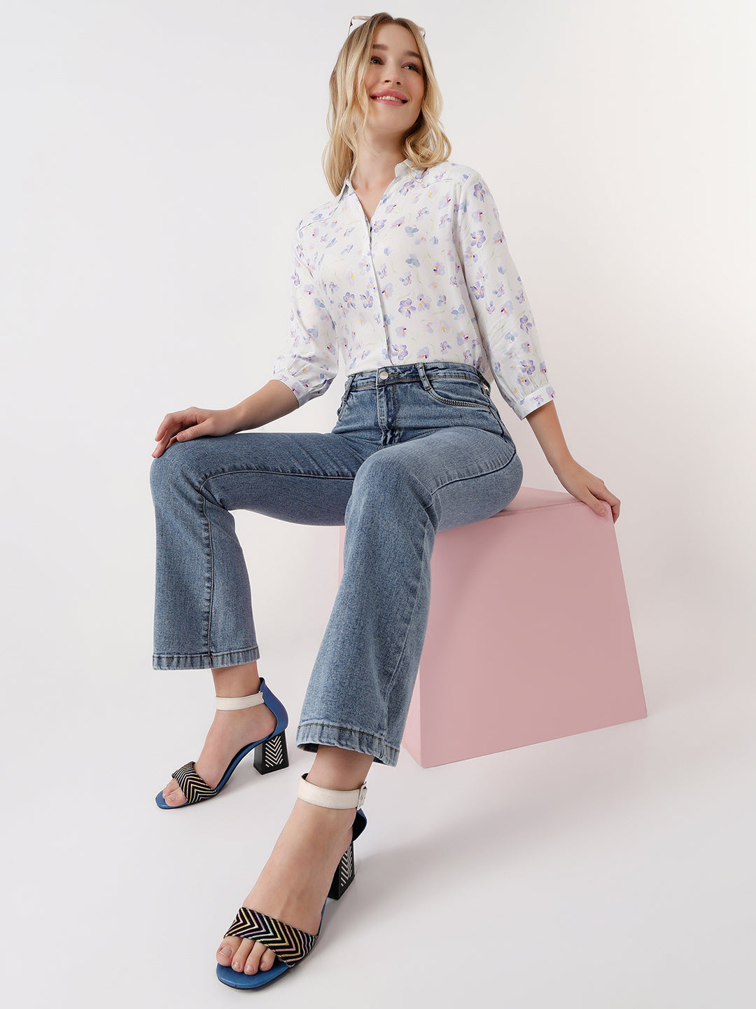 Women Blue Floral Print Shirt