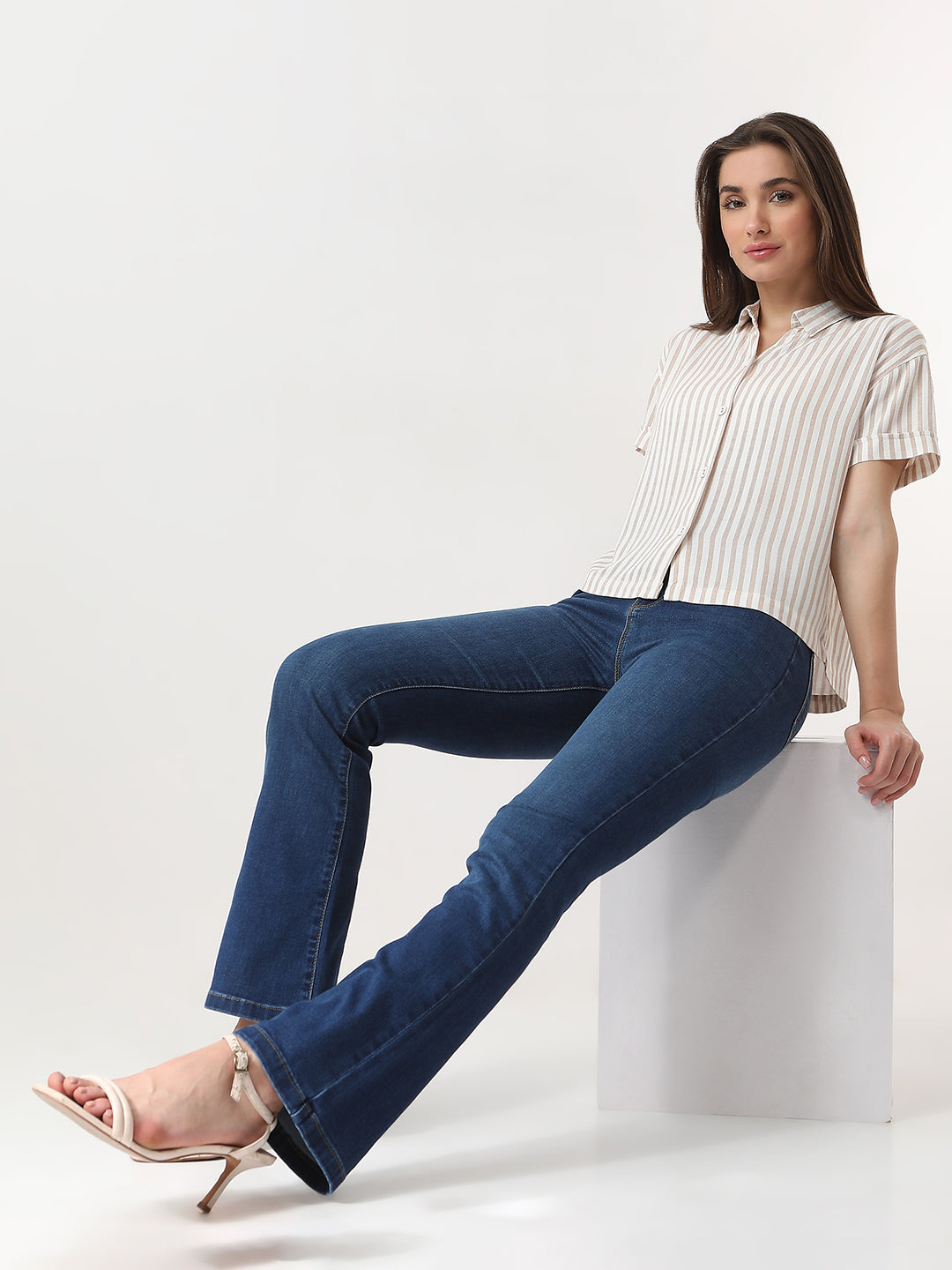 Women Beige/White Crop Stripe Shirt