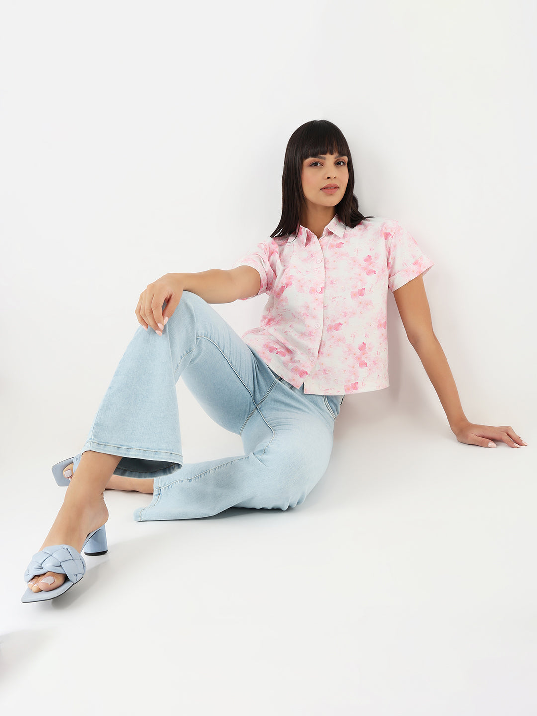 Women Pink Floral Crop Shirt