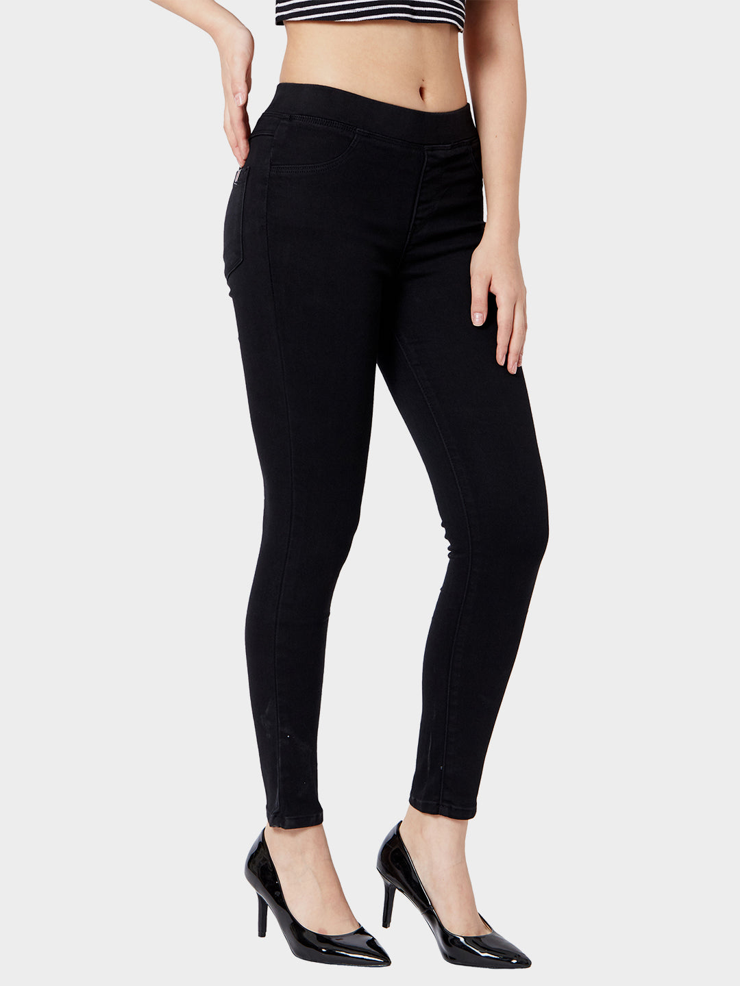 Women Black Mid-Rise Denim Leggings