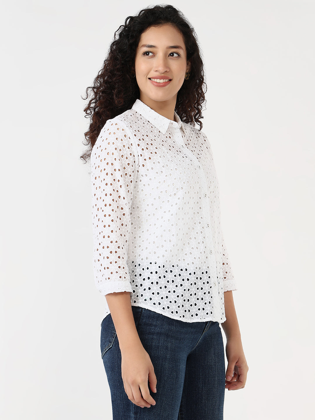 Women White Slim Schiffli Shirt
