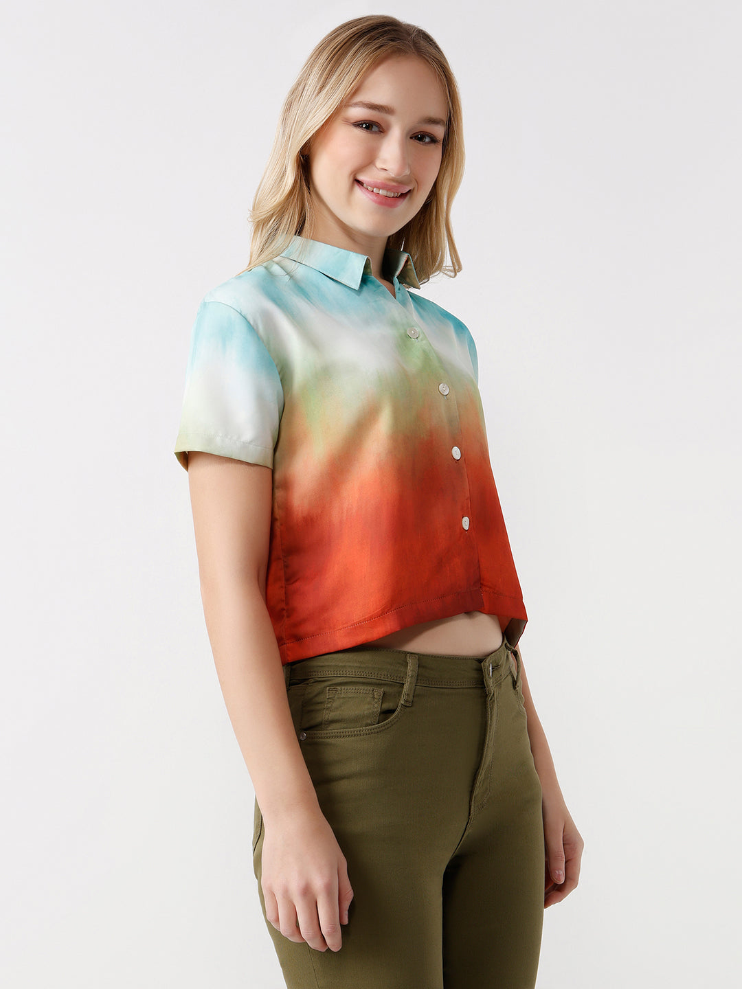 Women Rust/Aqua Ombre Crop Shirt