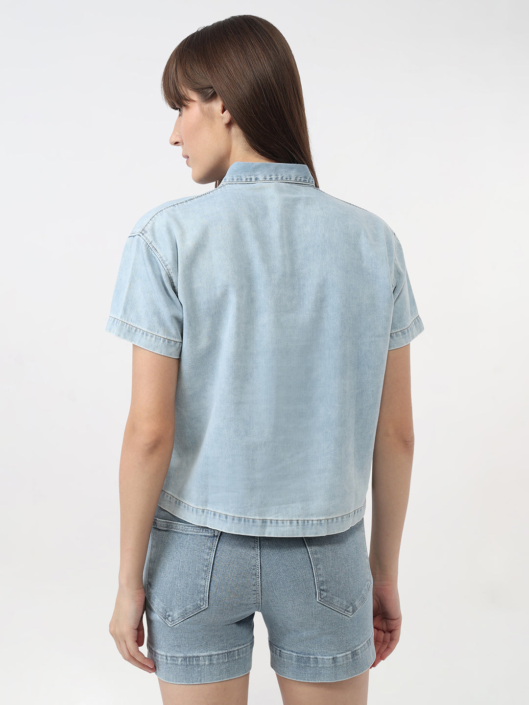 Women Light Blue Slim Crop Denim Shirt