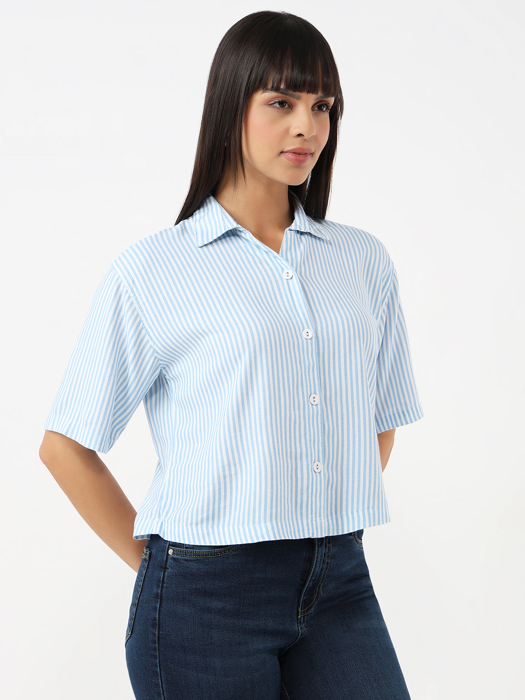 Women Sky/White Crop Stripe Shirt