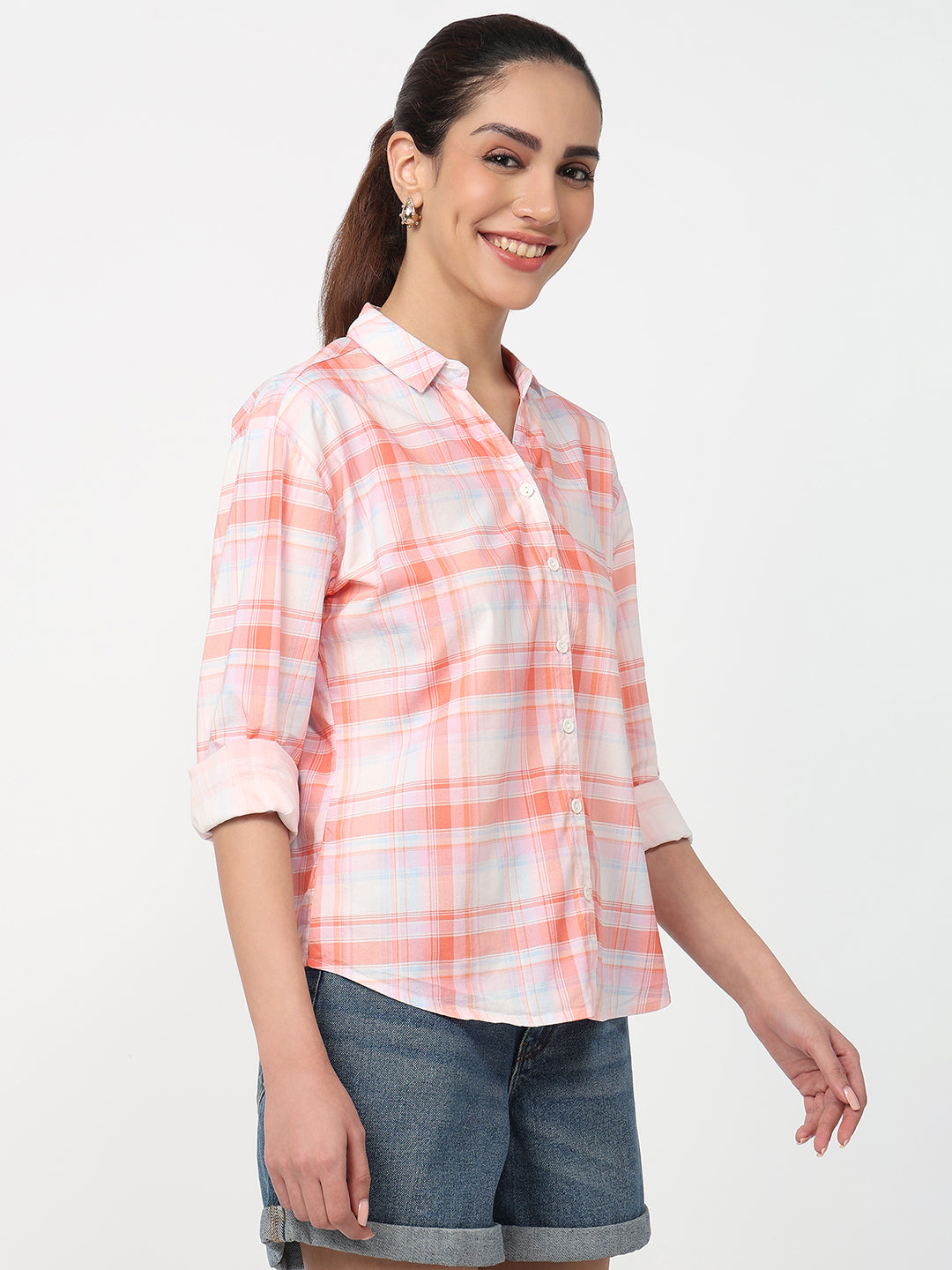 Women Peach/White Checked Shirt
