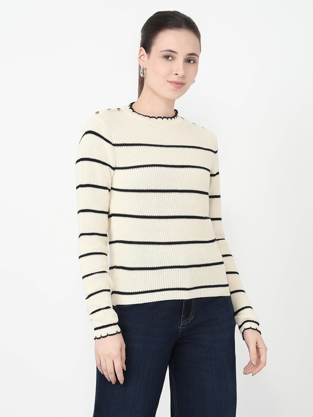 Women Ivory/Black Slim Fit Sweater