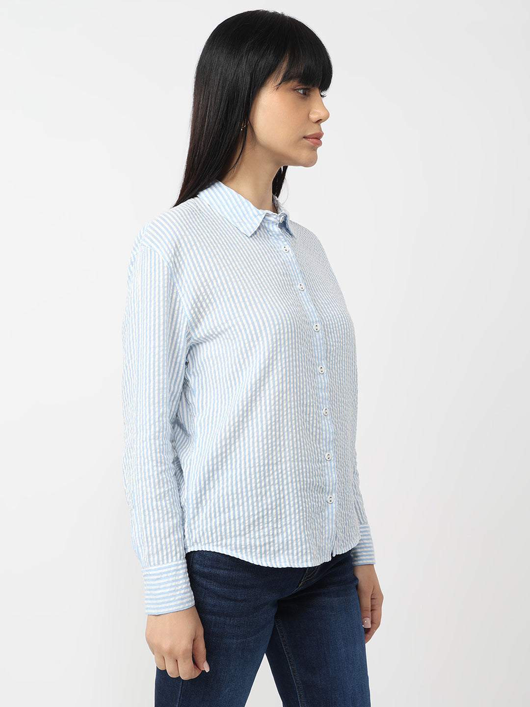 Women Sky/White Slim Fit Oversized Shirt